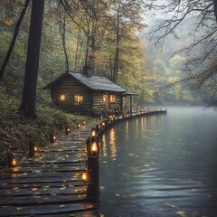 Fototapeta premium Serene cabin by a misty lake, illuminated by lanterns along the path.