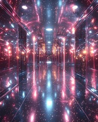 A futuristic hallway filled with shimmering lights and reflections, showcasing a blend of pink and blue hues that create a vibrant, ethereal atmosphere.