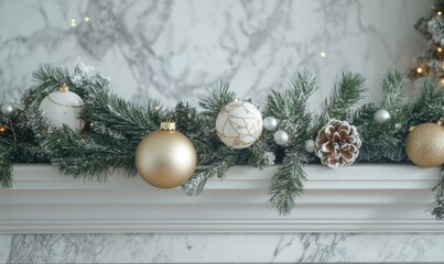 A white mantle with a Christmas tree decoration