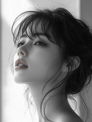 Naklejka premium A serene portrait of a young Korean woman with soft features against natural light, showcasing her contemplative expression during a quiet moment