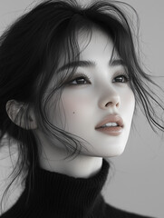 A portrait of a young Korean woman with long hair styled elegantly, showcasing a soft expression and subtle lighting against a neutral background