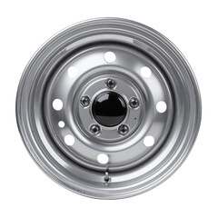 Metallic Car Wheel with Multiple Holes and Center Cap Design.