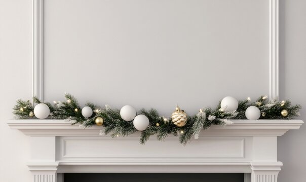 A white mantle with a Christmas tree decoration on it