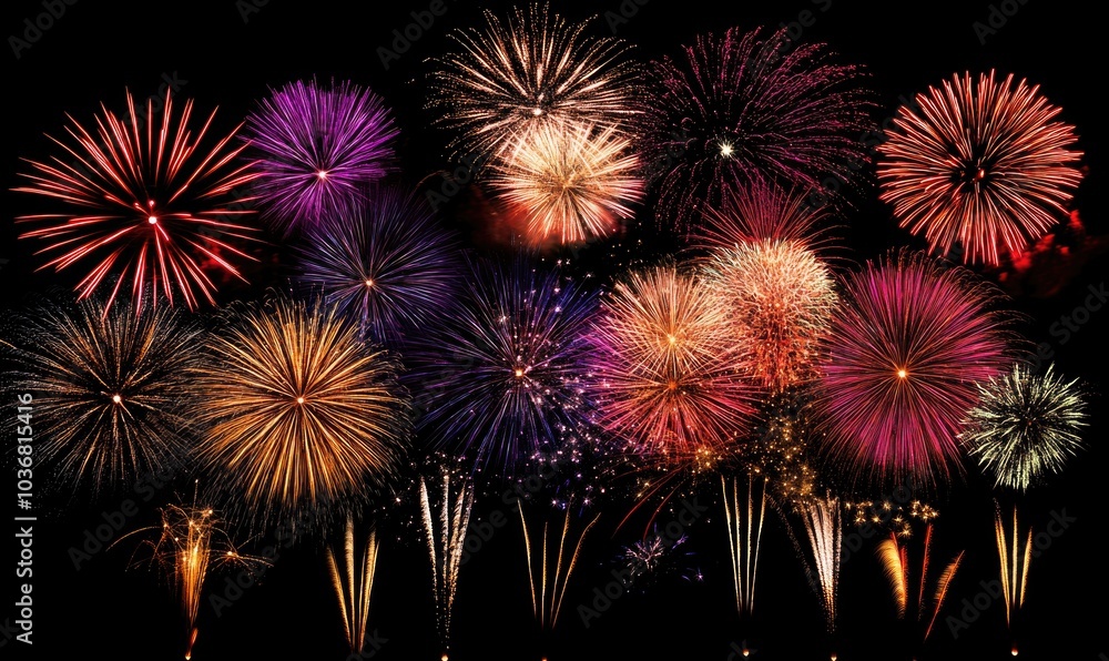 Poster a fireworks display with many different colors and shapes