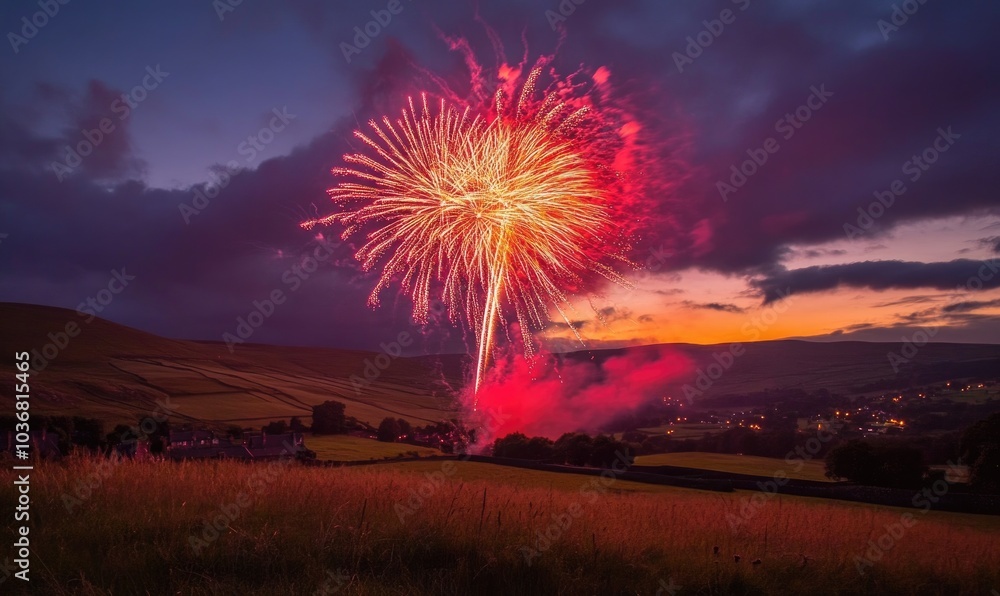 Poster a firework display is lit up in a field at dusk