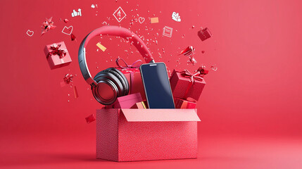 Gift box with gifts coming out on a red background. 