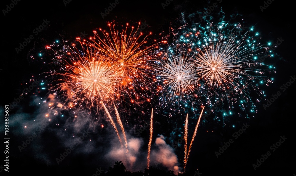 Poster a fireworks display with three different colored fireworks
