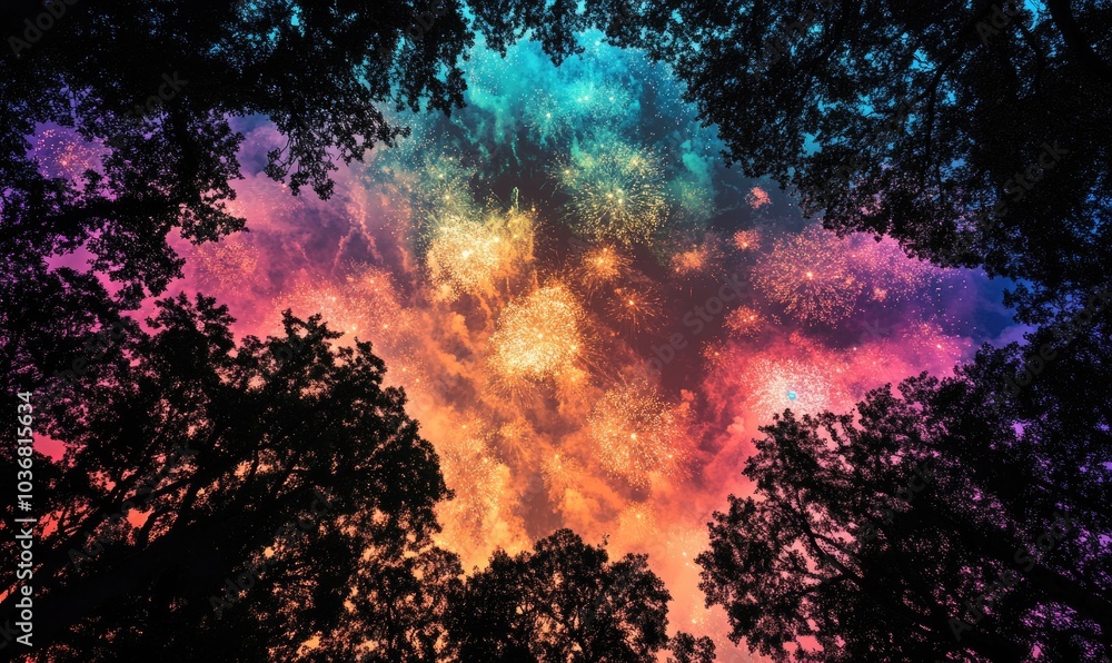 Poster a colorful fireworks display is lit up in the sky above a forest