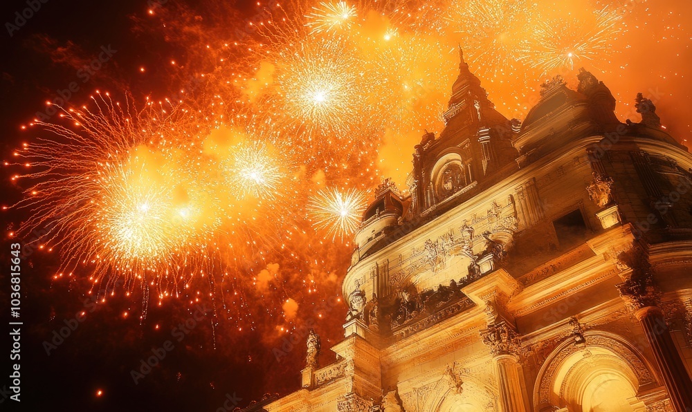 Poster a large building with a lot of fireworks going off in the background