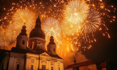 A church with a large dome and two smaller domes is lit up with fireworks