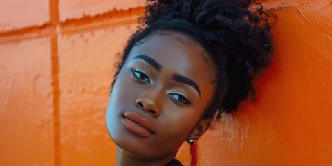 Stylish individual showcasing trendy outfit and glamorous look, accentuated by makeup, against a vibrant orange backdrop, exuding confidence and pride in an urban setting