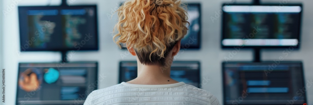 Poster back view of a person with curly hair analyzing data on multiple monitors in a control room, highlig