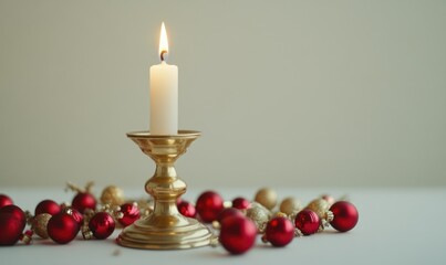 A candle is lit in a gold candlestick on a table with red and gold ornaments