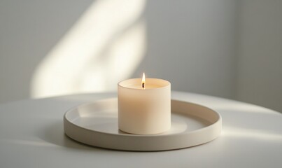 A candle is lit on a white plate
