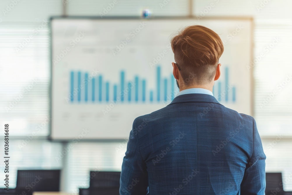 Poster business professional analyzing financial data on a chart presentation in a modern office setting, f