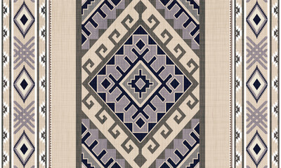 The rug features a complex geometric pattern with a central diamond shape surrounded by smaller motifs. Neutral tones dominate the color palette, reflecting a traditional ethnic style.
