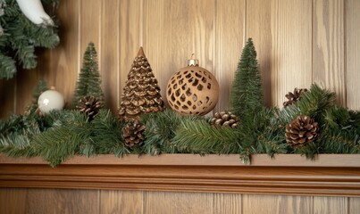 A shelf with a Christmas tree, pine cones, and a ball ornament