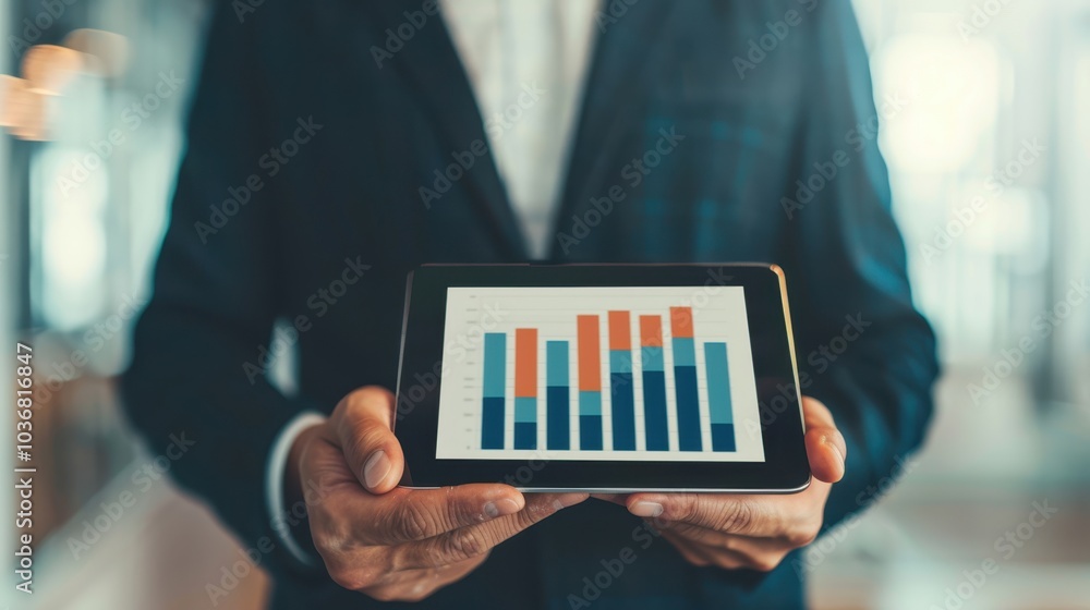 Poster business professional holding a tablet displaying a colorful bar chart in an office setting. focus o