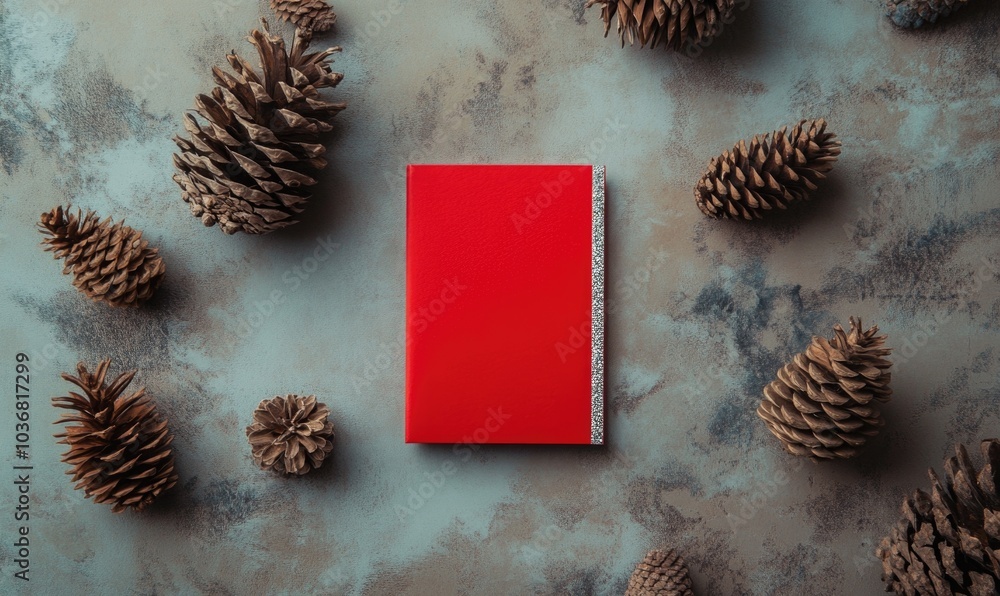 Poster a red book is on a table with pine cones surrounding it