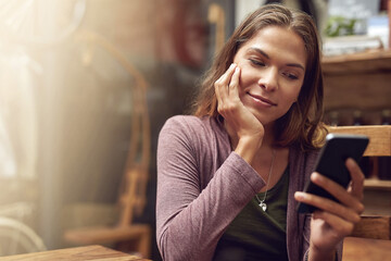 Phone, scroll and woman in cafe for relax, online dating and social media blog on internet. Mobile, coffee shop and customer reading text message, website notification and chat app for communication