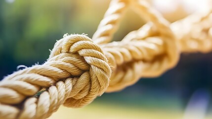 Complex web of interconnected ropes symbolizing intricate business relationships and antitrust challenges, with a focused foreground rope representing the effort to break monopolies.