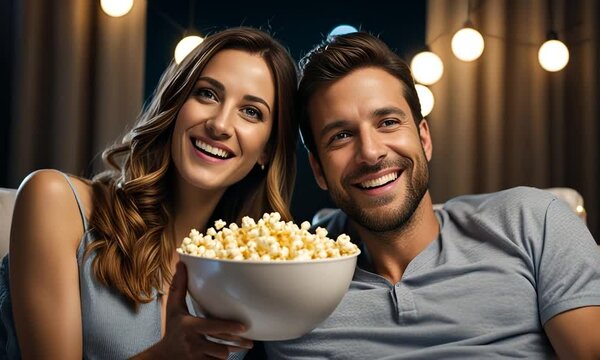 Couple eating popcorn and watching a movie.