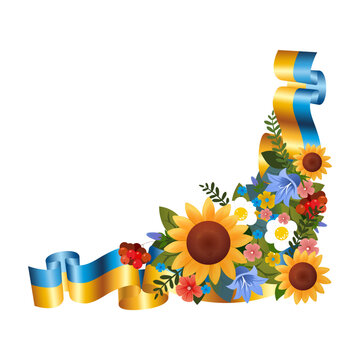 Ukrainian Flag and Floral Corner. decorative element with Sunflowers, Kalyna, and Bellflowers 