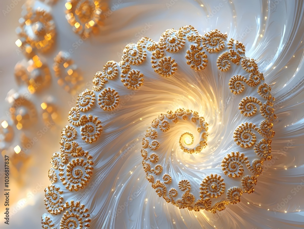 Poster a stunning abstract spiral design with golden accents emanating light against a soft white backgroun