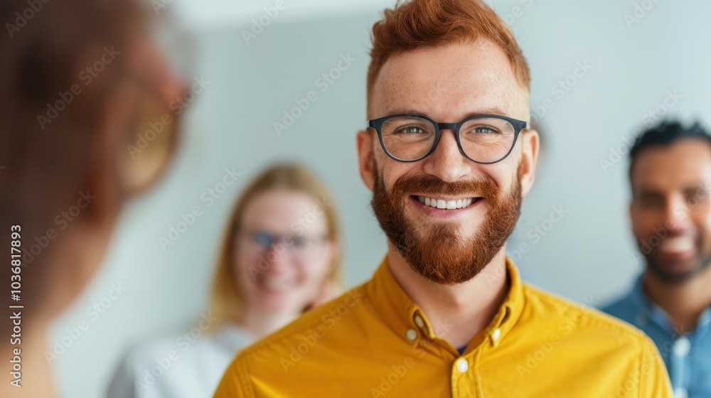 Wall mural cheerful group of diverse young professionals smiling in a friendly office environment, focusing on 