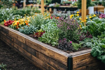 Wooden raised garden bed growing flowers and vegetables in community garden