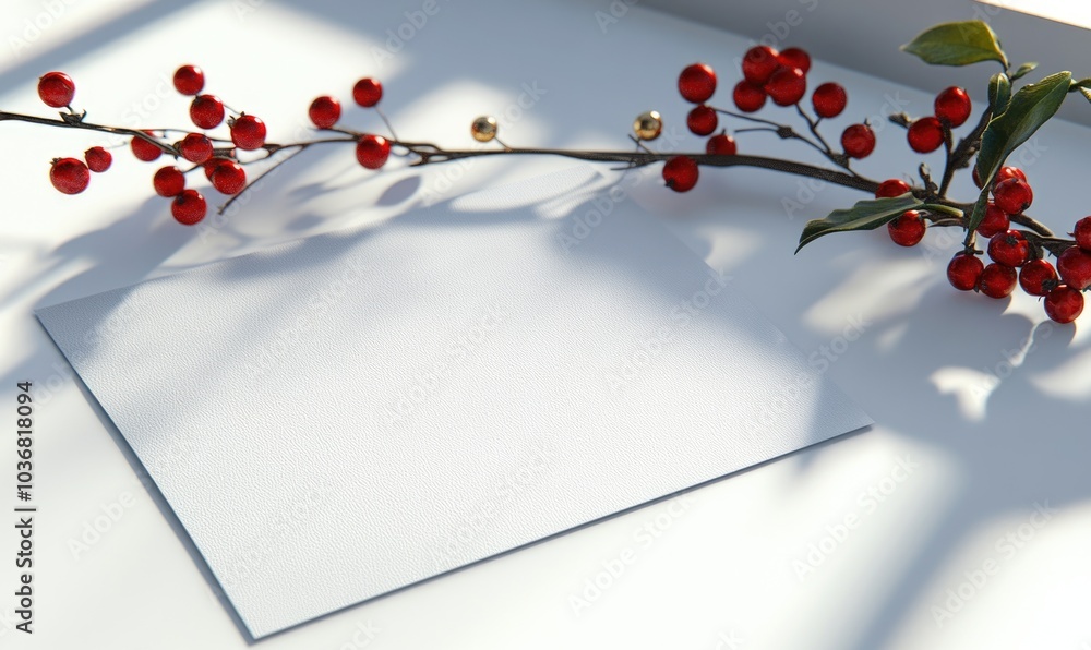 Poster a white card with a red border sits on a table next to a branch of red berries