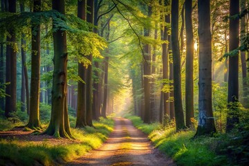 Tranquil forest path with morning light filtering through trees