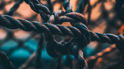 Complex web of interconnected ropes symbolizing intricate business relationships and antitrust challenges, with a focused foreground rope representing the effort to break monopolies.