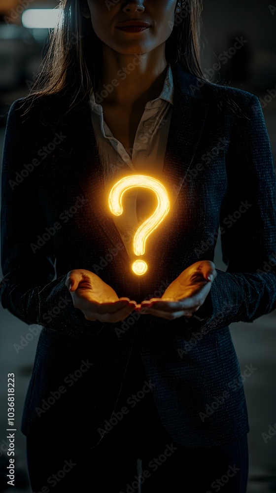 Poster businesswoman holding glowing question mark representing power of inquiry and problem solving in bus
