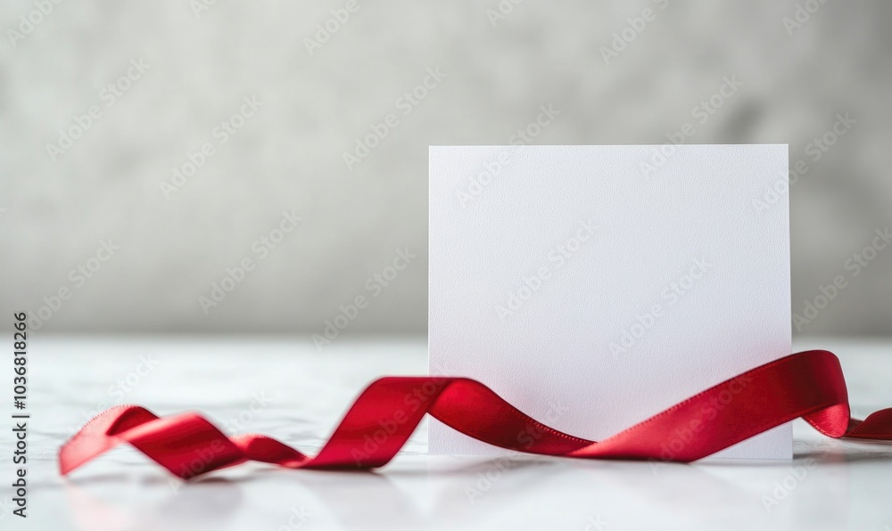 Poster a white card with a red ribbon is placed on a table