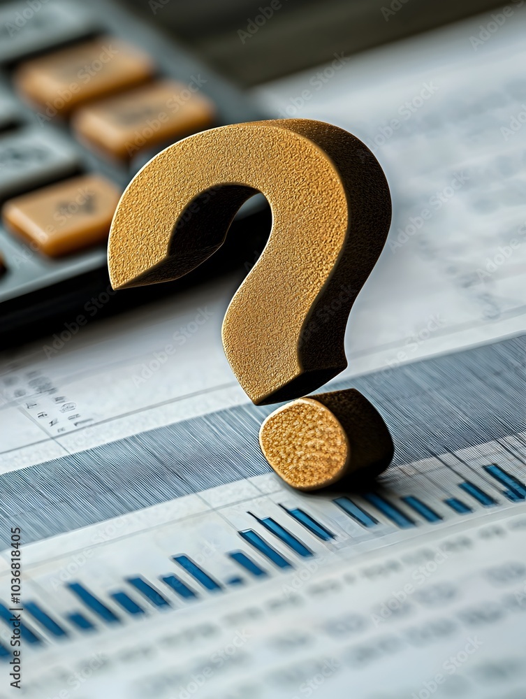 Poster uncertainty looming over financial data a question mark hovering above balance sheet