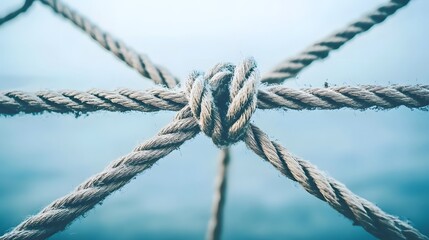Complex web of interconnected ropes symbolizing intricate business relationships and antitrust challenges, with a focused foreground rope representing the effort to break monopolies.
