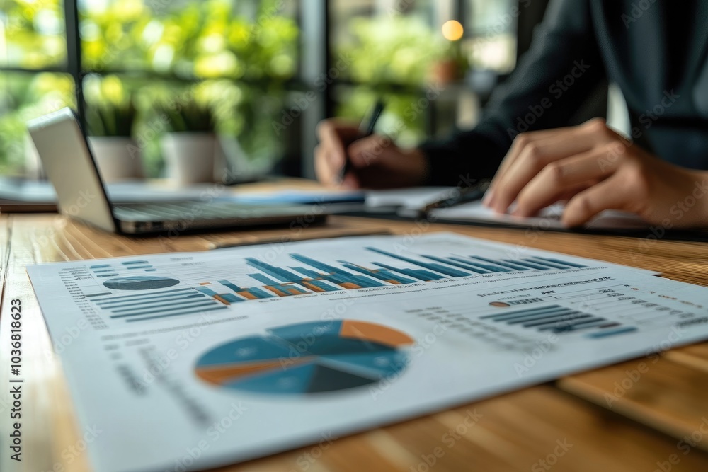 Poster businessman analyzing financial charts and graphs at work