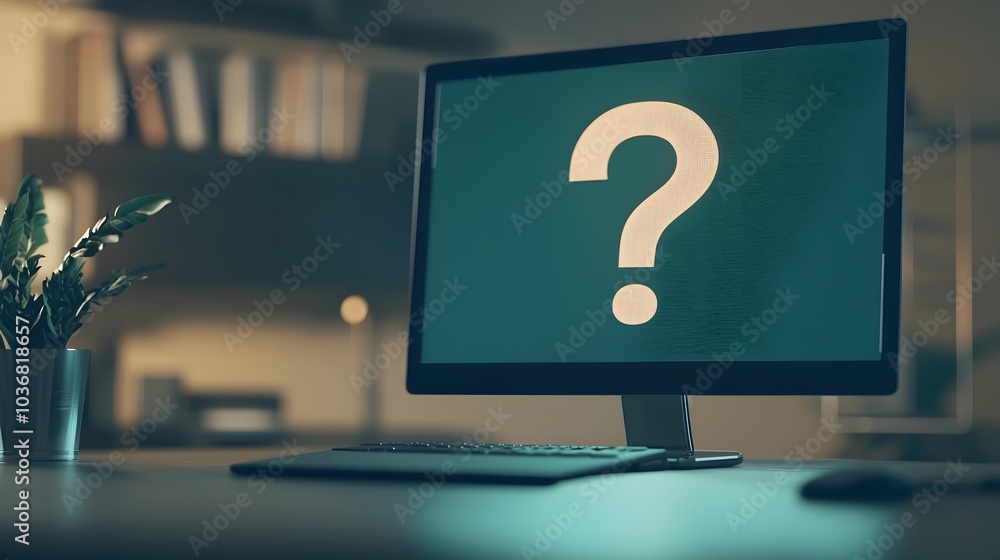 Poster virtual question mark over meeting screen representing uncertainties in remote work and business com
