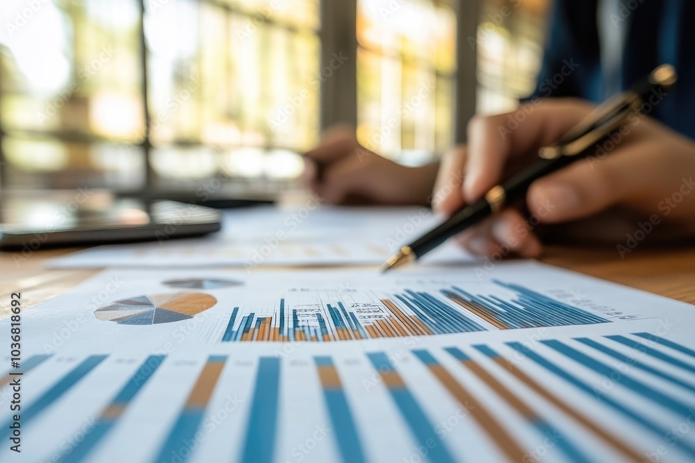 Poster businessman is analyzing financial data on charts and graphs
