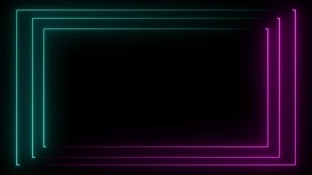 Abstract neon glowing frame background. Colorful laser show seamless loop 4K border. neon rectangle frame.