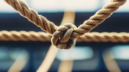 Complex web of interconnected ropes symbolizing intricate business relationships and antitrust challenges, with a focused foreground rope representing the effort to break monopolies.