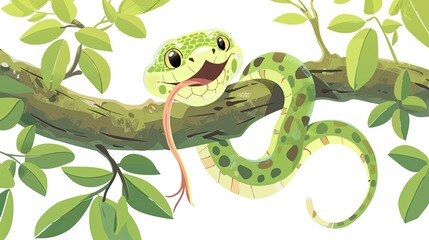 Naklejka premium Cartoon snake hanging on a tree branch
