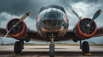 Fototapeta premium Old vintage airplane standing on a concrete airfield with cloudy sky