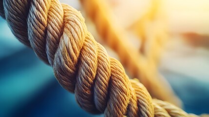 Complex web of interconnected ropes symbolizing intricate business relationships and antitrust challenges, with a focused foreground rope representing the effort to break monopolies.