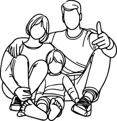 Black Line Art Happy Family Sitting Pose Art Hand Drawn Illustration