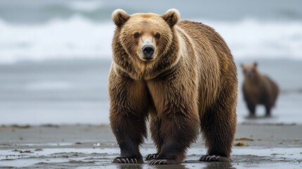 Obraz premium Large brown bear standing on beach with cub in background