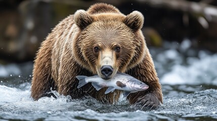 Obraz premium Brown bear catching salmon in river while hunting for food