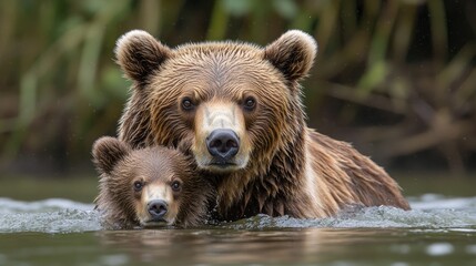 Fototapeta premium Brown bear mother and cub swimming in river