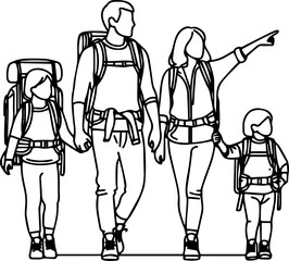 Black Line Art Happy Family Traveling Art Hand Drawn Illustration